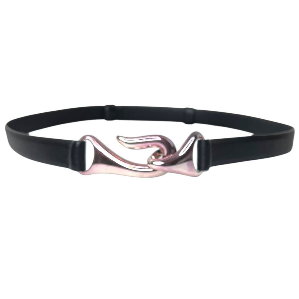 CHICO'S Genuine Leather Belt Black Silver Hook Buckle Elastic Waist Medium Large